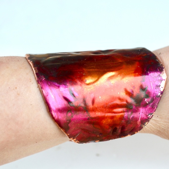 Pink Purple Patina Lily Copper Wide Cuff Bracelet - Picture 2 of 8